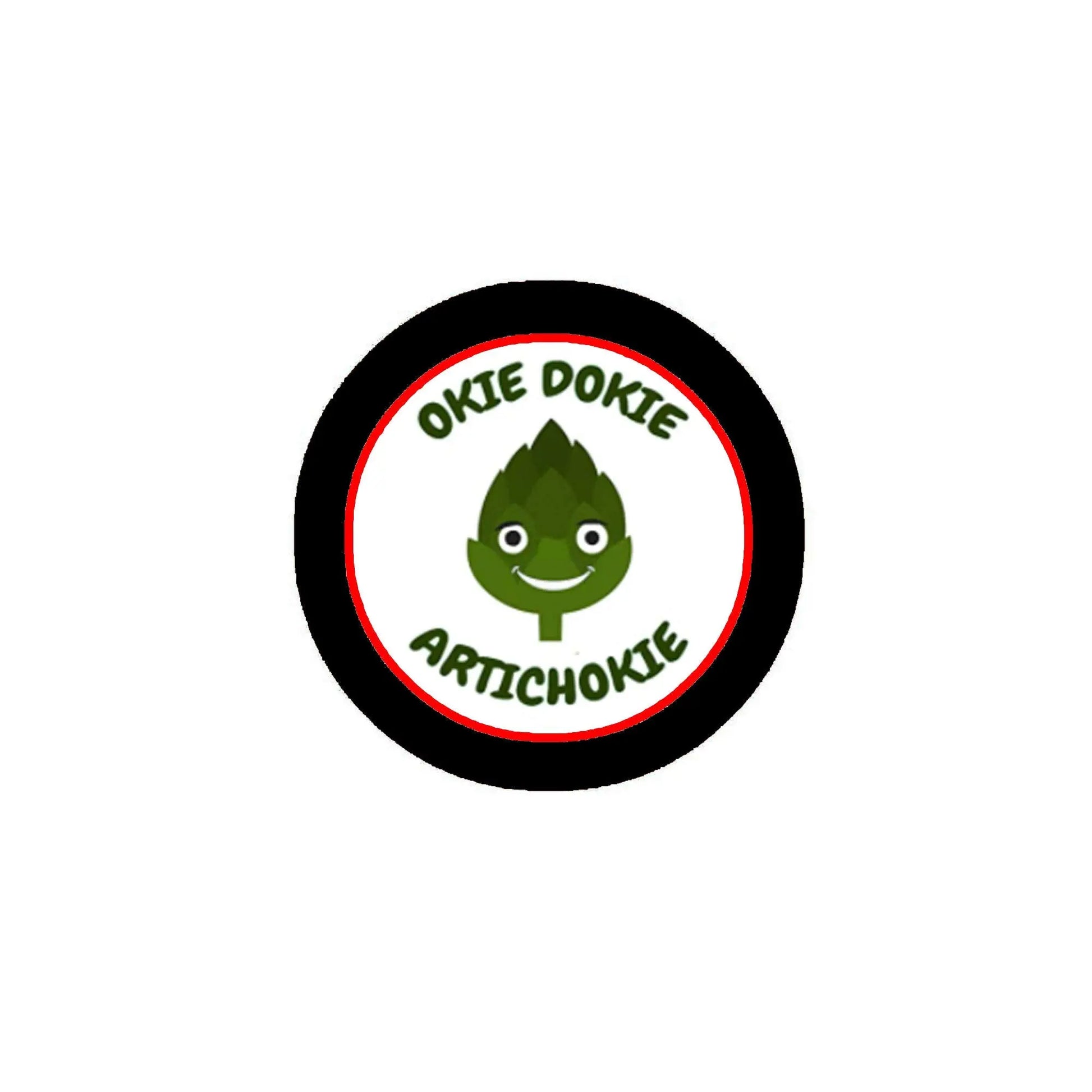 2.25-inch round pinback badge with Okie Dokie Artichokie art and green character