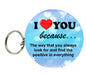 Round blue I love you keychain with red heart and text 'because' on metal ring