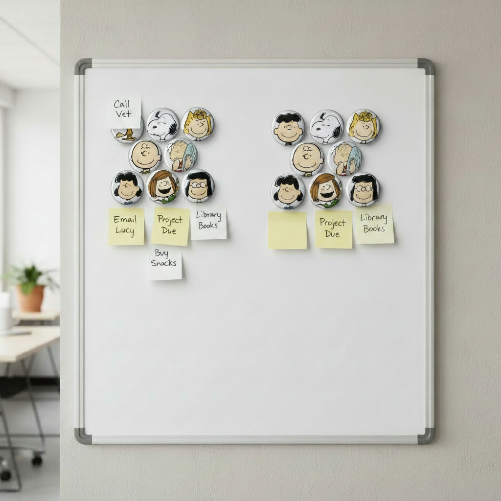 Round Peanuts character magnets on a whiteboard with small sticky notes, 1.25-inch
