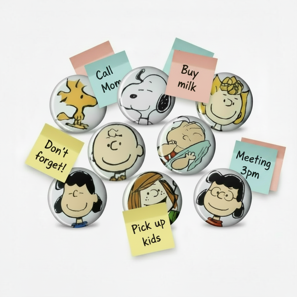 Assorted round Peanuts character magnets with pastel sticky notes, 1.25-inch