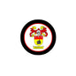 Round coat-of-arms pin badge with black border and red-yellow lion crest