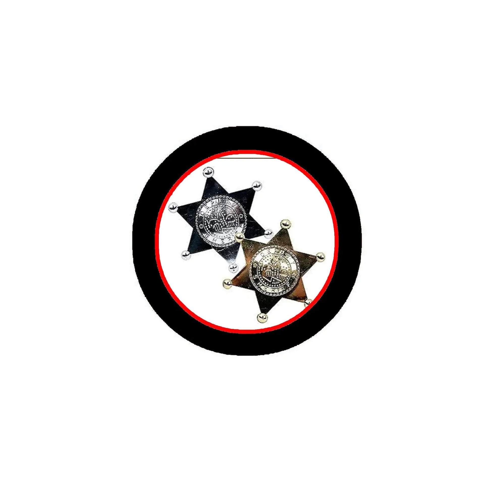 Sheriff badge sticker, black border with red ring and silver star with gold center