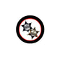 Sheriff badge sticker, black border with red ring and silver star with gold center