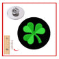 Shamrock lapel pin with green four-leaf clover on black round enamel, silver pinback