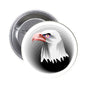 Eagle head pinback button, 1.25-inch, with colorful eye and red beak.