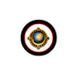Round earth pinback badge with gold emblem, blue globe, red and black border
