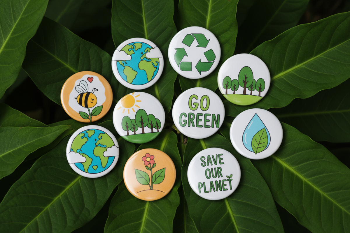 A set of round white eco-themed enamel pins arranged on large green leaves. The pins feature illustrations of a bee, recycling symbol, trees, globe, sun, water drop, flower, and the phrases 'GO GREEN' and 'SAVE OUR PLANET'.