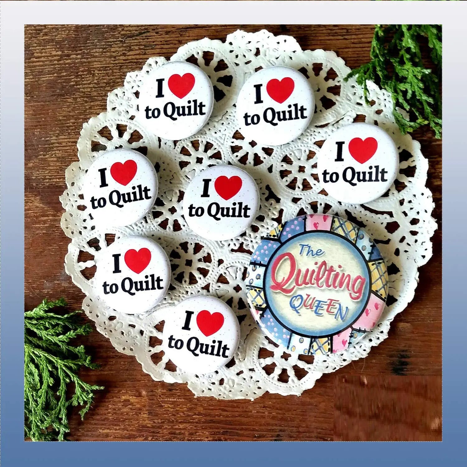 Set of 8 quilting pinback buttons, white circles with red hearts and 'I Love to Quilt'