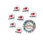 Quilting pinback buttons set: white 'I Love to Quilt' circles plus 'Quilting Queen' button