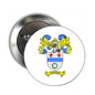 Round metal pinback badge with colorful family crest and shield design, text “STEVENS”