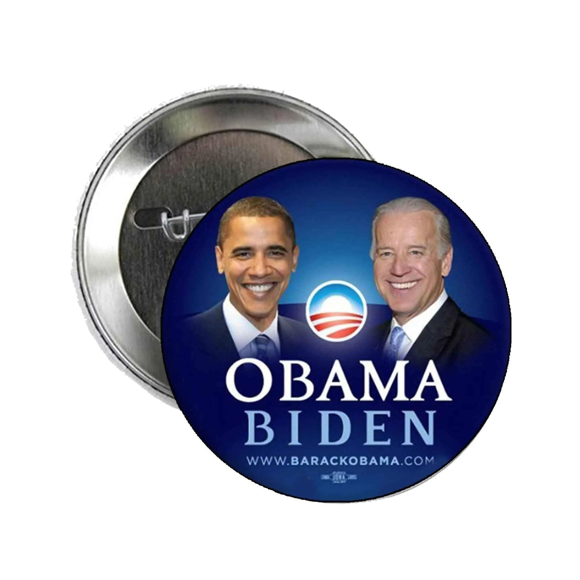 Obama Biden campaign pinback button with two faces and "OBAMA BIDEN" text