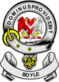 Round Boyle family crest magnet with red eagle and banner text, 3-inch