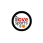 2.25-inch pinback button with black rim, “i love sports” text and sports icons