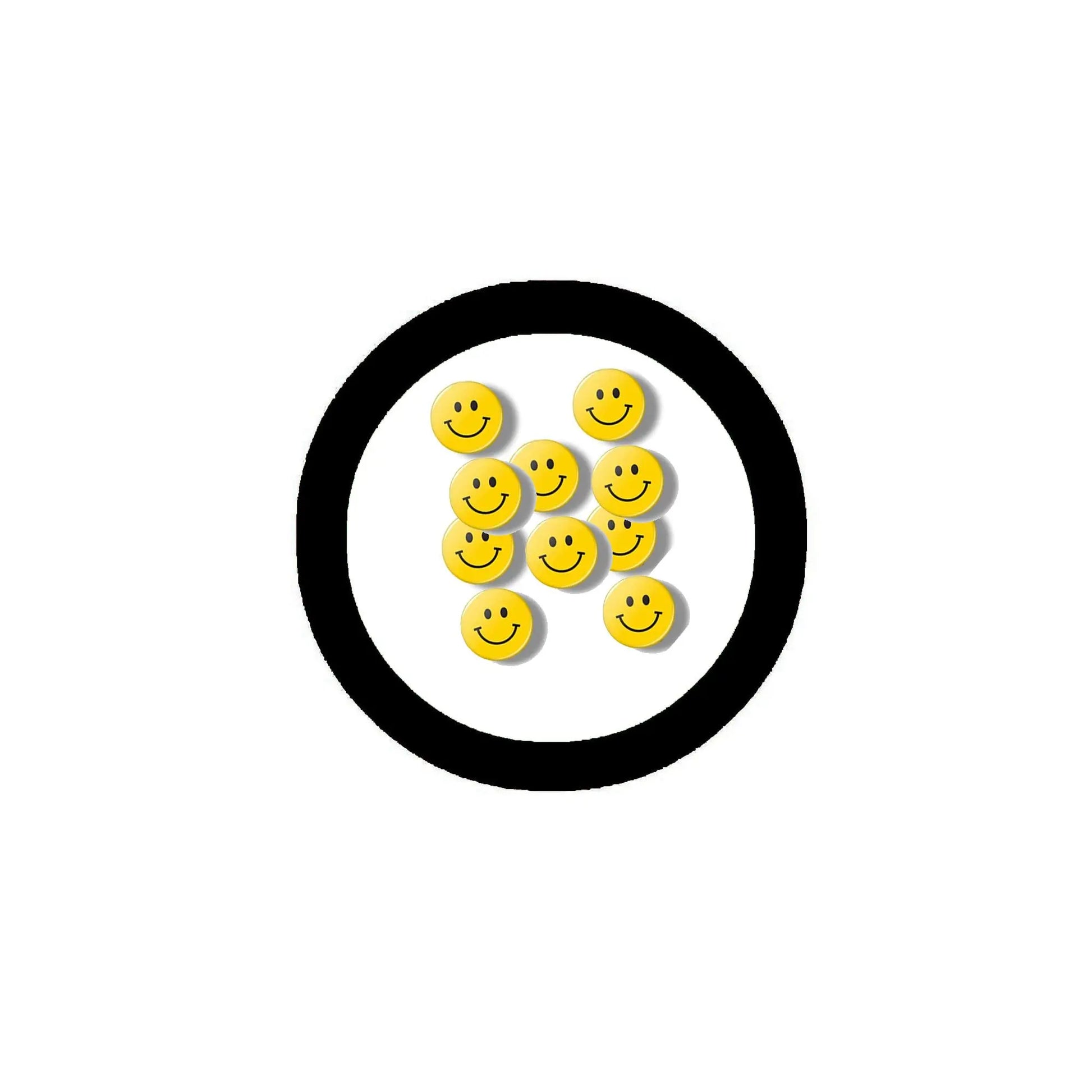 1.25-inch round smiley face pin, yellow with black border