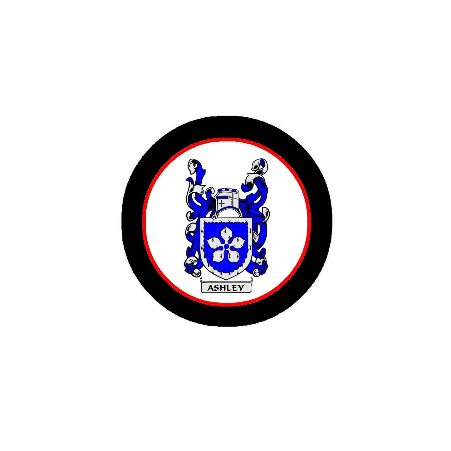 Round family crest arms magnet with black border and blue-and-white shield
