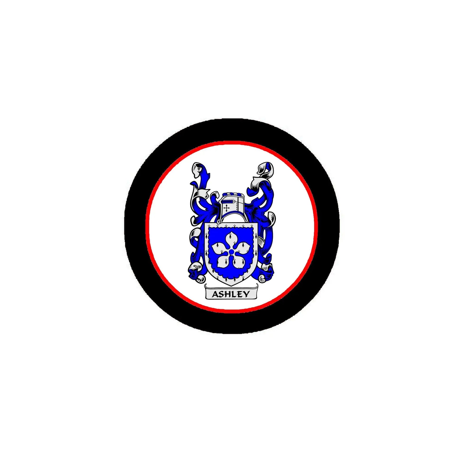 Round family crest arms magnet with black border and blue-and-white shield