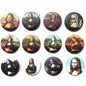 Round pinback buttons set with colorful Mona Lisa portrait designs, glossy tops
