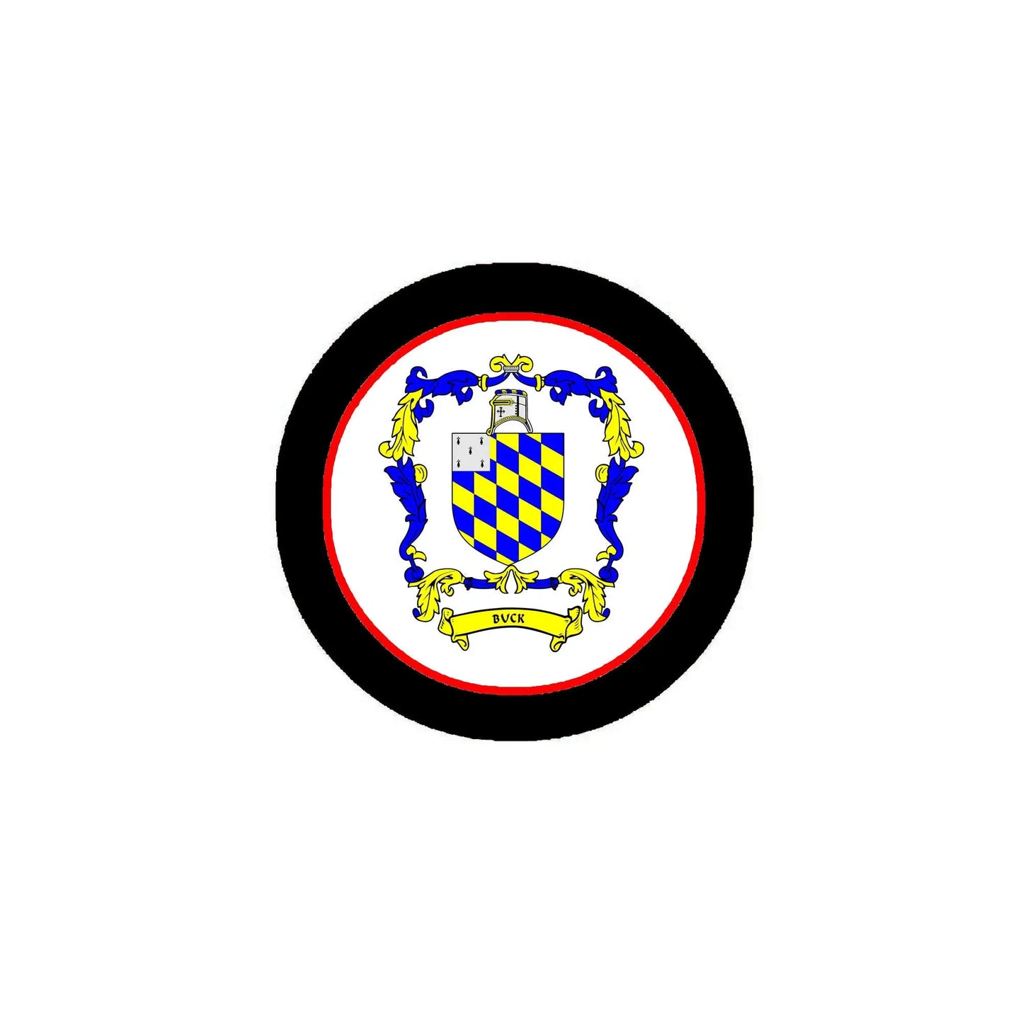 3-inch circular family crest coat of arms magnet with black border and blue shield
