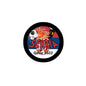 Round Serbia soccer pinback with soccer ball and 'Qatar 2022' text