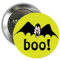 Yellow round Halloween pinback button with black bat and "boo!" text
