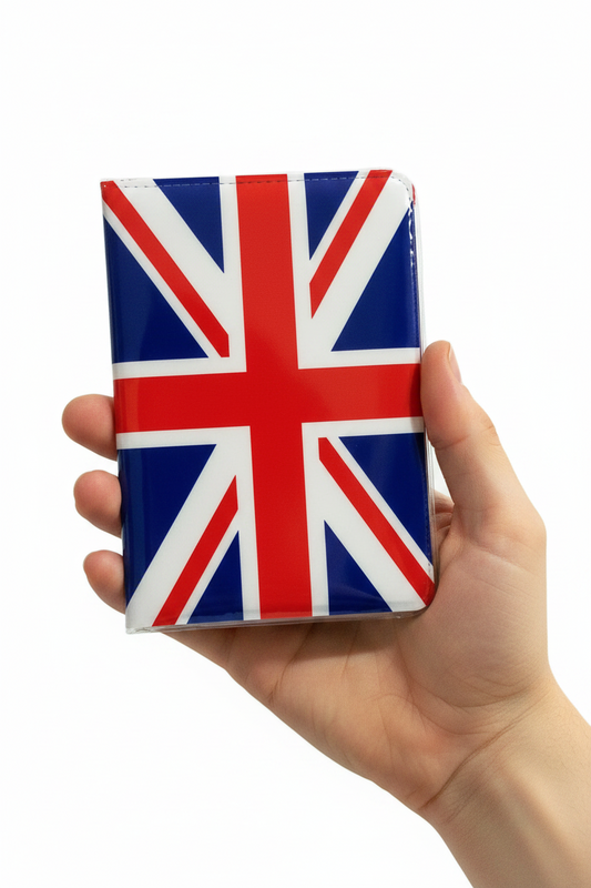 Plastic passport cover with Union Jack flag design in red, white, and blue