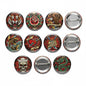 Set of 8 round pinback buttons with colorful skull and rose tattoo designs