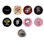 Set of 8 round pinback buttons with colorful skull-style graphics; one shows the back side