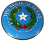 Round blue Texas state seal badge button pin with white star and wreath