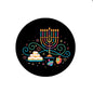 Round Hanukkah pinback badge, black with colorful menorah, candles, dreidel and stars