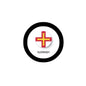 Circular black keychain bottle opener with red-and-gold Guernsey flag cross emblem