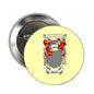 Round yellow family crest pinback badge with metal rim and safety clasp