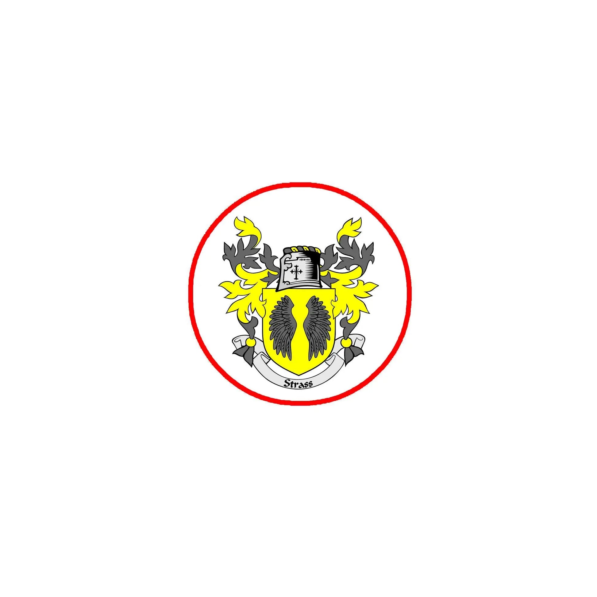 Round coat of arms pinback badge with red border and black-and-gold crest