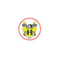 Round coat of arms pinback badge with red border and black-and-gold crest