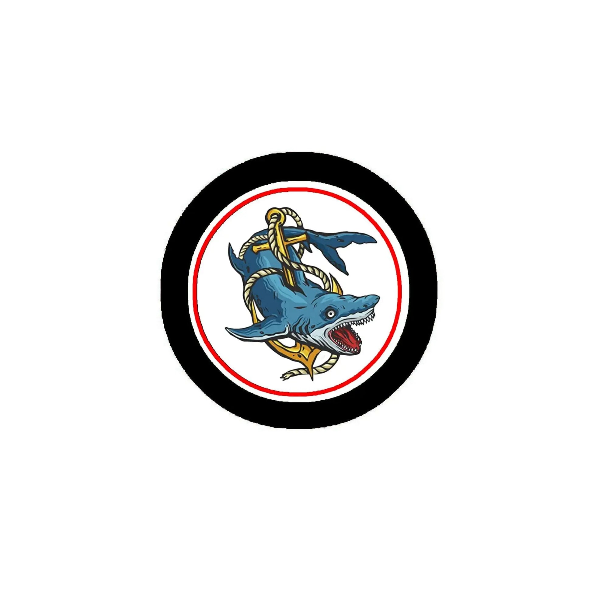 tattoo-themed pinback button with black border and blue bird/dog dagger illustration