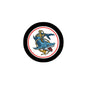 tattoo-themed pinback button with black border and blue bird/dog dagger illustration