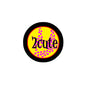 Round pinback button, yellow with "2 cute" lettering and pink heart confetti