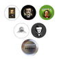 Set of five circular Edgar Allan Poe pinback buttons, front designs and back side shown