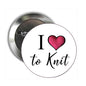 Round pinback button: I heart to Knit with pink heart