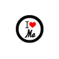 Round pinback badge with black border, white center, red heart, I ♥ Me text