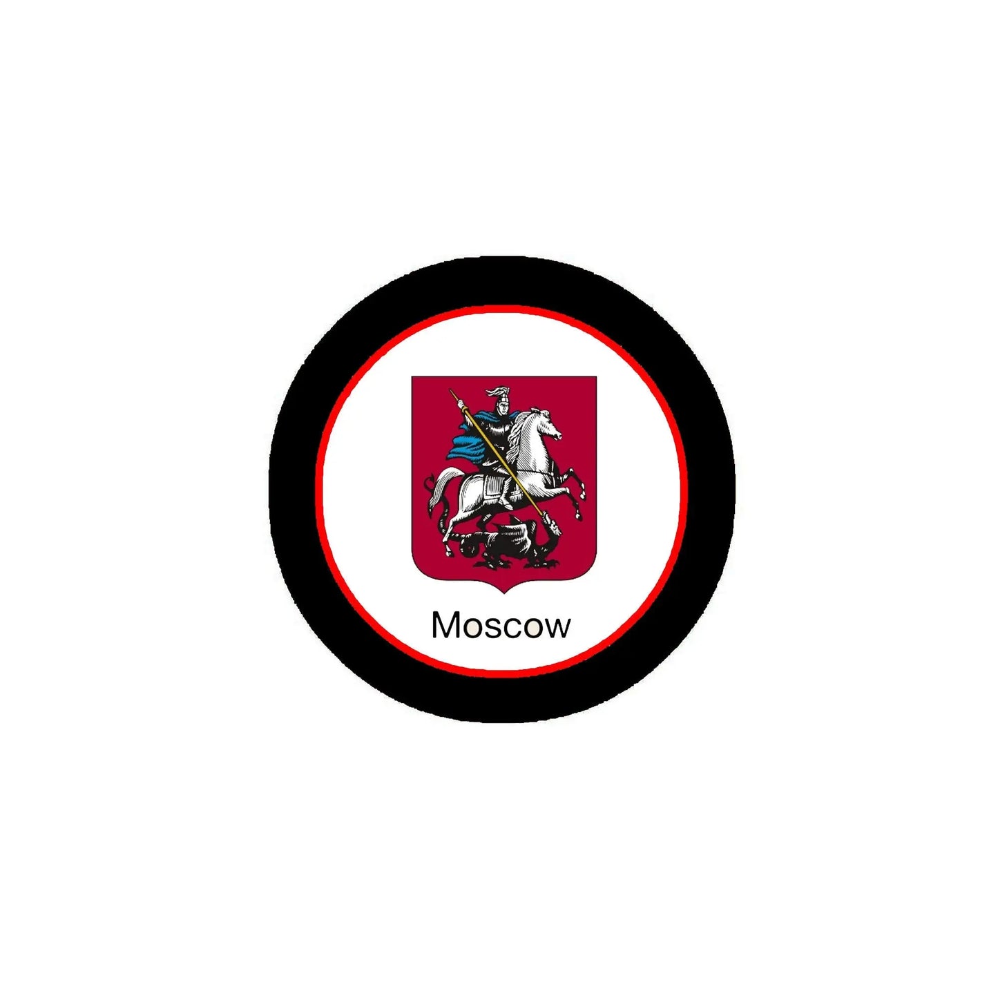 Round pinback badge with black rim, Moscow crest and a white horse rider on red
