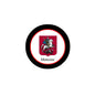 Round pinback badge with black rim, Moscow crest and a white horse rider on red