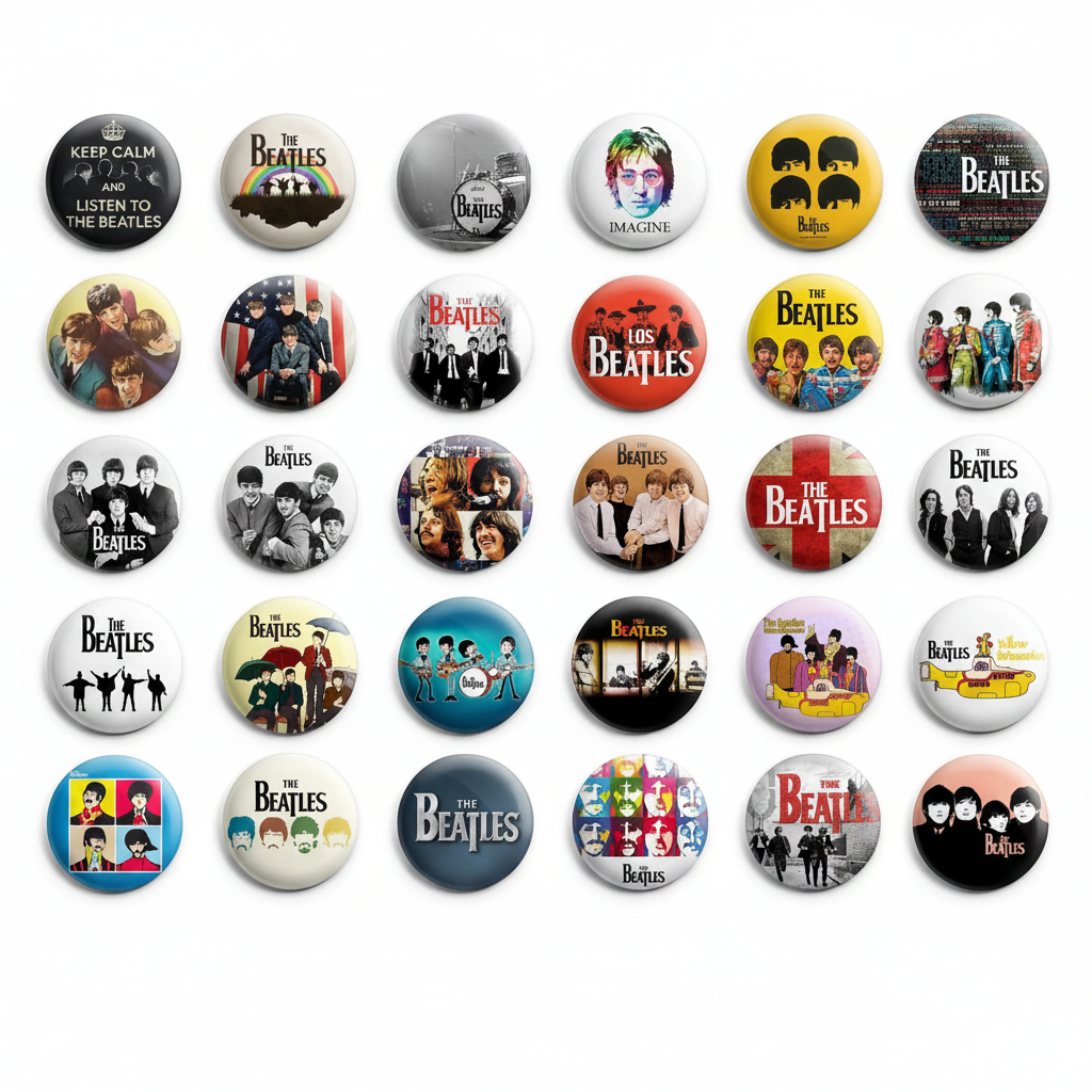 Assorted Beatles-themed round pinback buttons with different artwork designs
