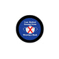 Round blue medical exemption mask pinback button badge with white mask and red X, centered text