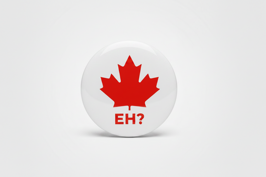 Round object with a red maple leaf on a white background
