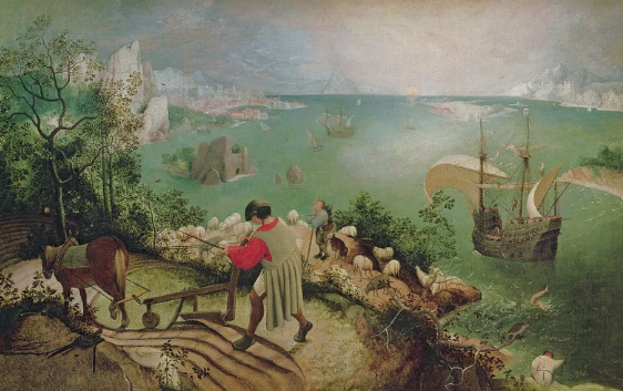 A detailed historical painting depicting a coastal landscape with figures, sheep, a plow, ships, rocky cliffs, and a distant city under a cloudy sky.