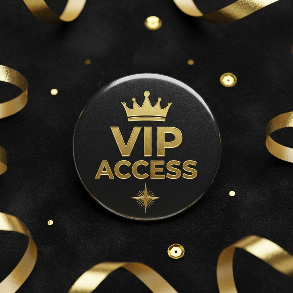 VIP Access badge pinback, round black button with gold crown and text