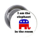 Round pinback button with 'I am the elephant in the room' and blue/red elephant icon