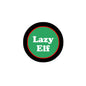 Round pinback button with green center and "Lazy Elf" text