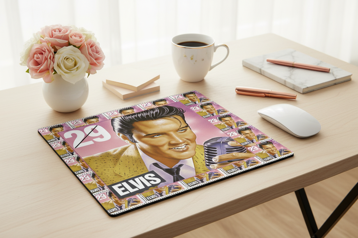 Elvis-themed stamp design mousepad on desk, with 29 and microphone portrait
