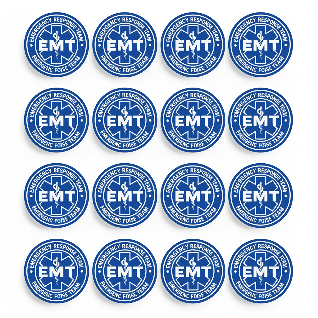 A grid of 20 identical round blue and white EMT badge stickers on a white background. Each sticker features a blue Star of Life with the letters 'EMT' in the center, surrounded by the text 'EMERGENCY RESPONSE TEAM' and 'EMERGENCY FORCES TEAM'.